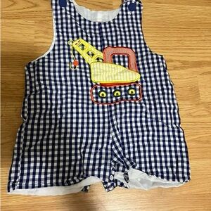 Blue Checkered Baby Romper with Excavator Design